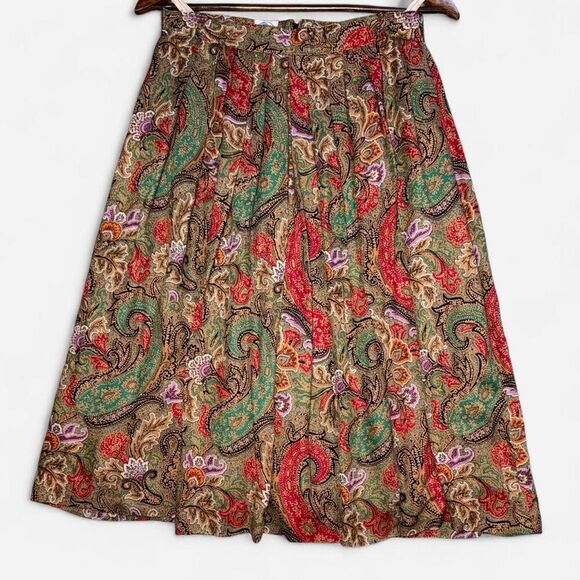 Source Unknown Dresses & Skirts - Vintage Miss Astor Paisley Pleated Midi Skirt in Red, Tan, and Green Muted Tones